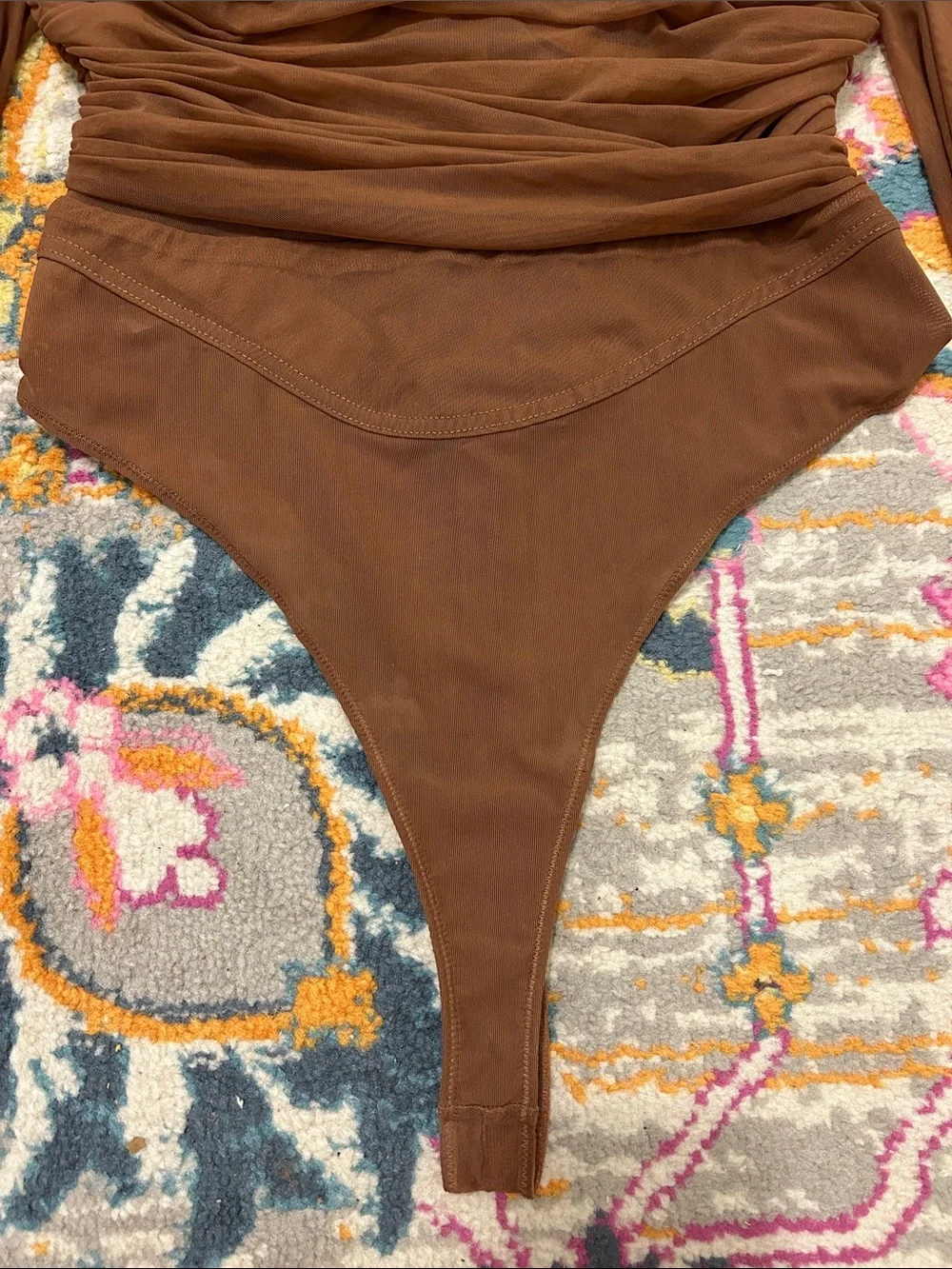 House Of CB Emme Mocha Ruched Chiffon Puff Sleeve Bodysuit Top Size Large